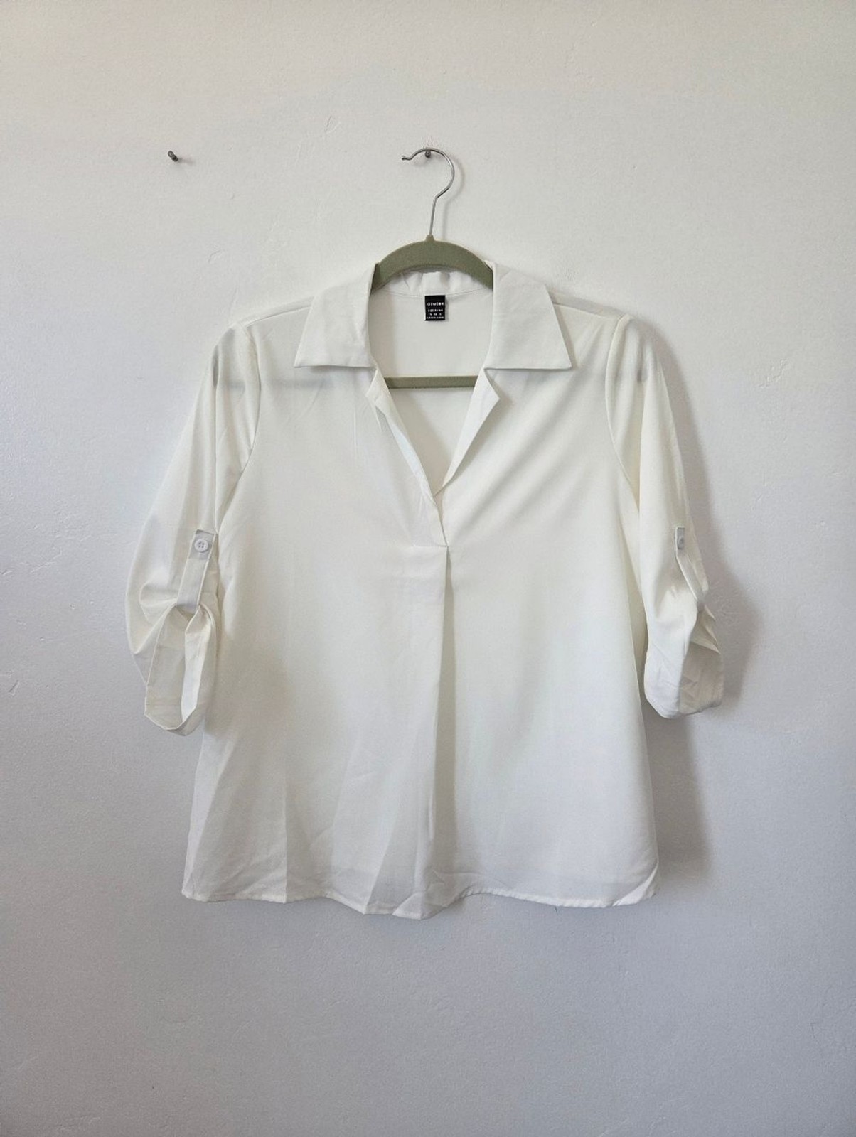 White Blouse Top ¾ Sleeve Roll Tab V Neckline Minimalist Breezy Summer Neutral S