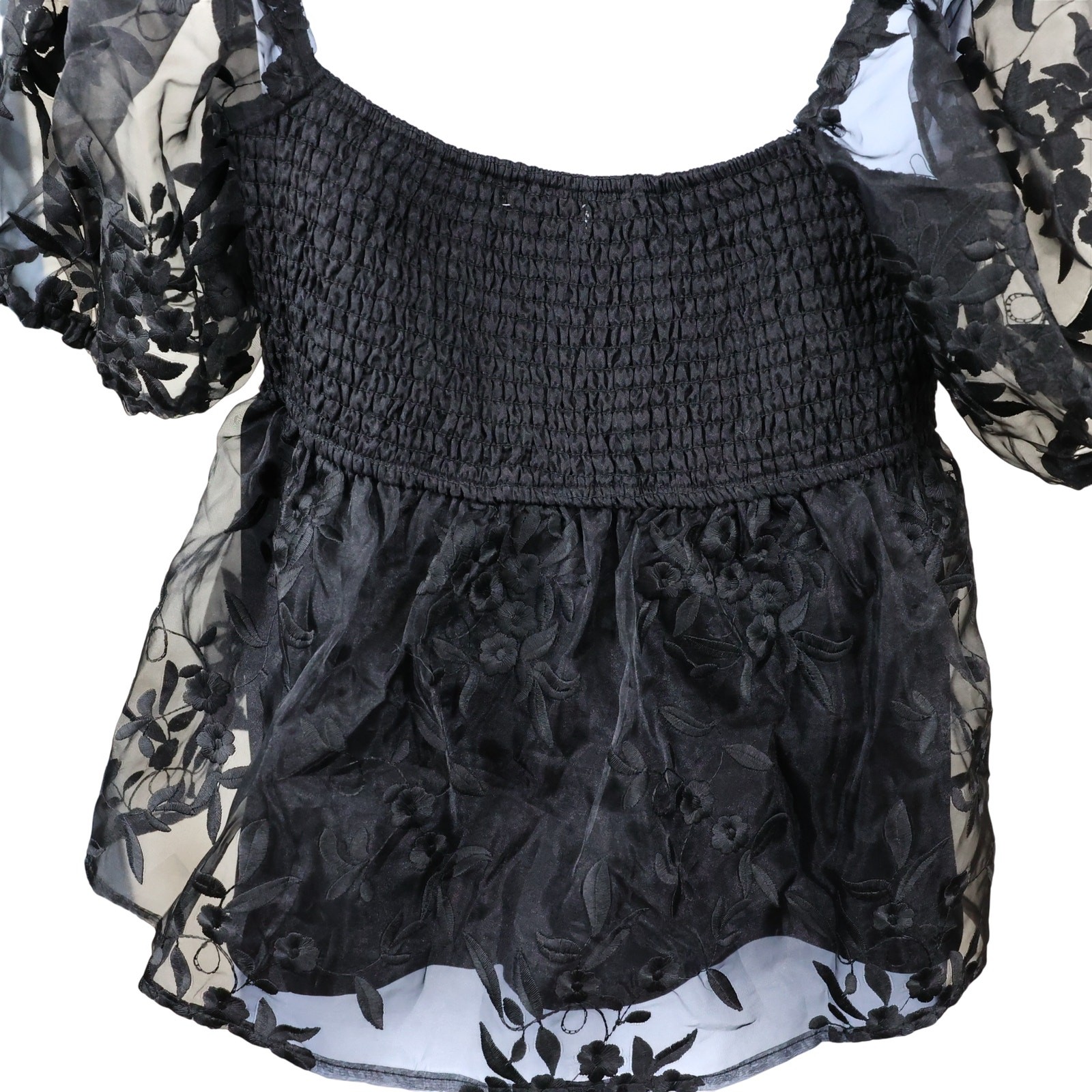 Francesca’s Black Floral Lace Puff Sleeve Square Neck Lined Top M NWT