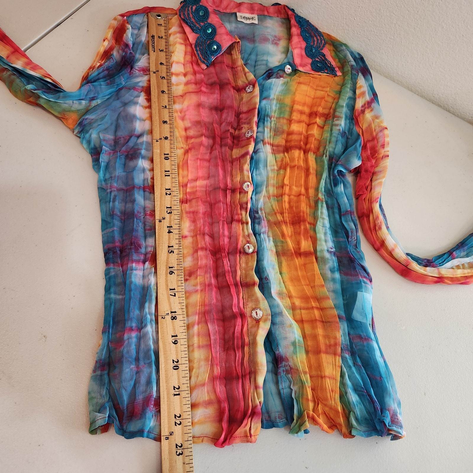 VTG Love Amour Tie Dye Sheer Button Down Blouse Art to Wear Women’s Large