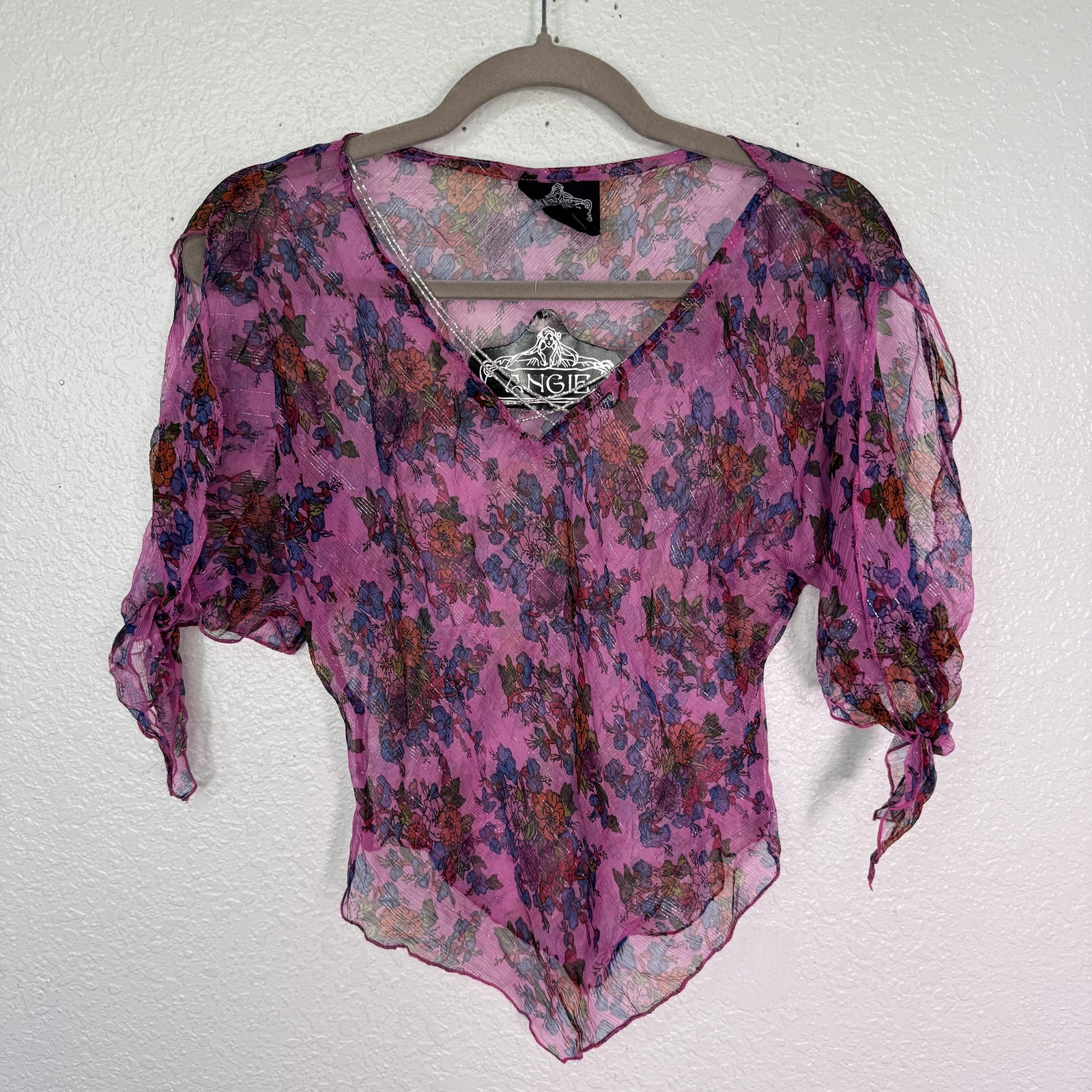 Angie Y2K Top Womens Medium Floral Sheer Boho Beaded Blouse Festival Flowy NEW
