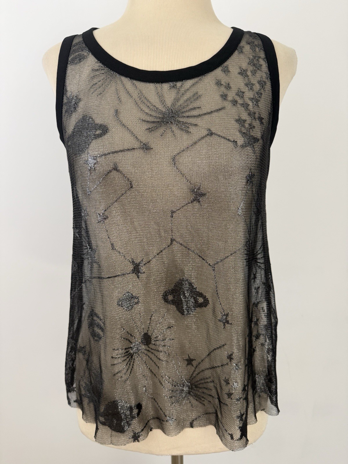 OLE by KOTON Celestial Mesh Knit Sheer TOP Small Black Whimsigoth Stars Planets