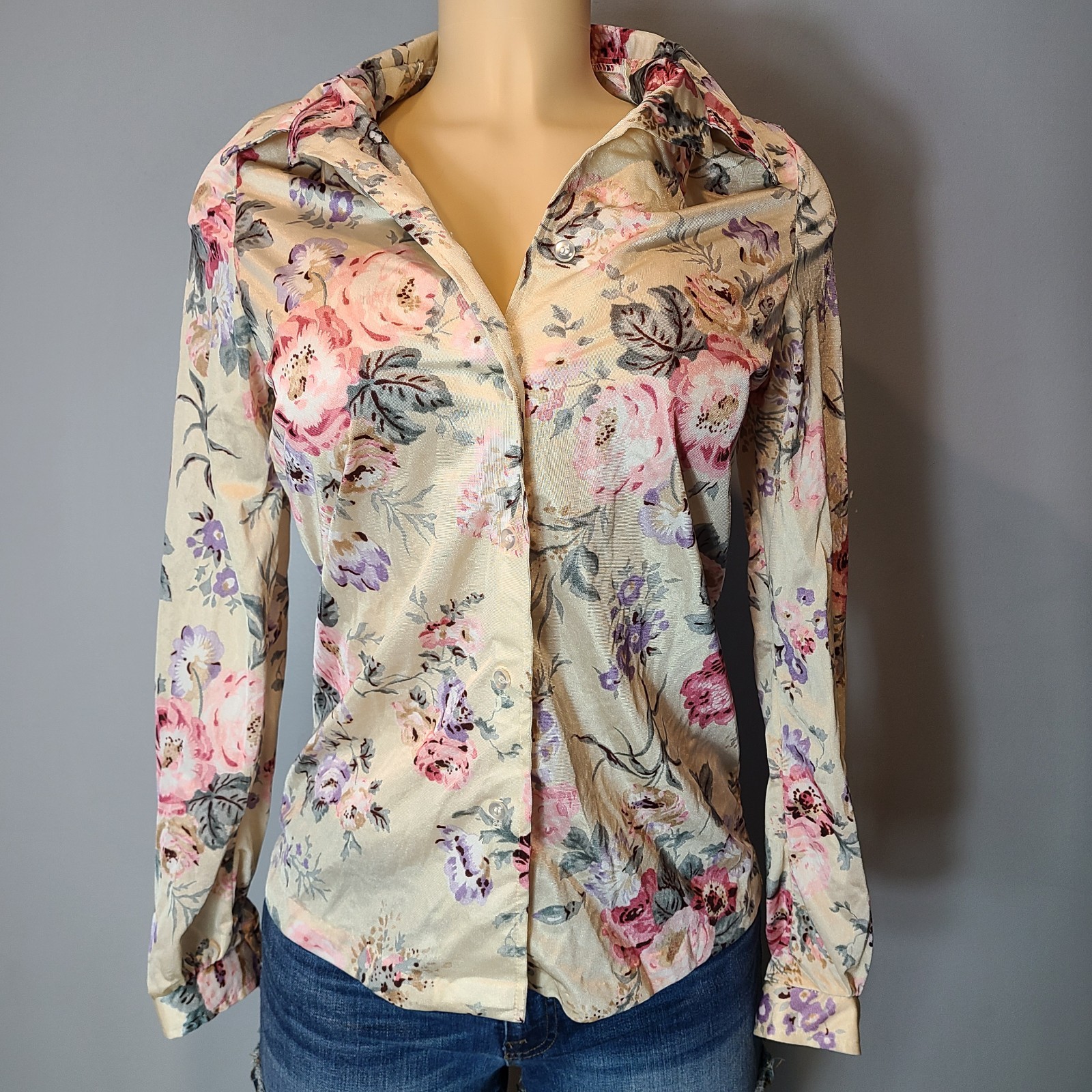 Vtg Silky Boho Cottage Floral Art Poet Blouse Womens Sz M Floral Satin Festival