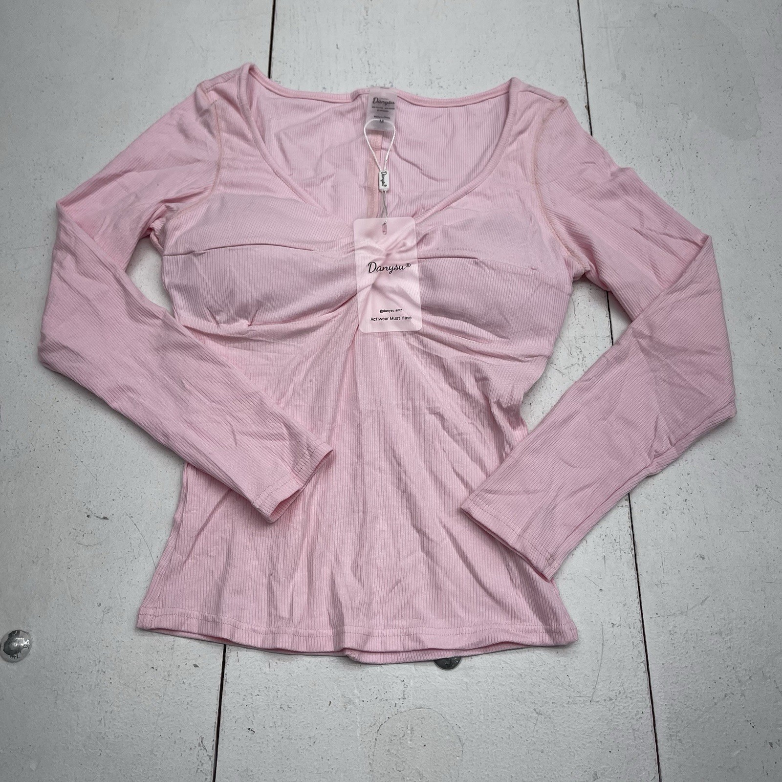 Danysu Pink Ribbed Padded Long Sleeve Twist Detail Top Women’s Size Medium