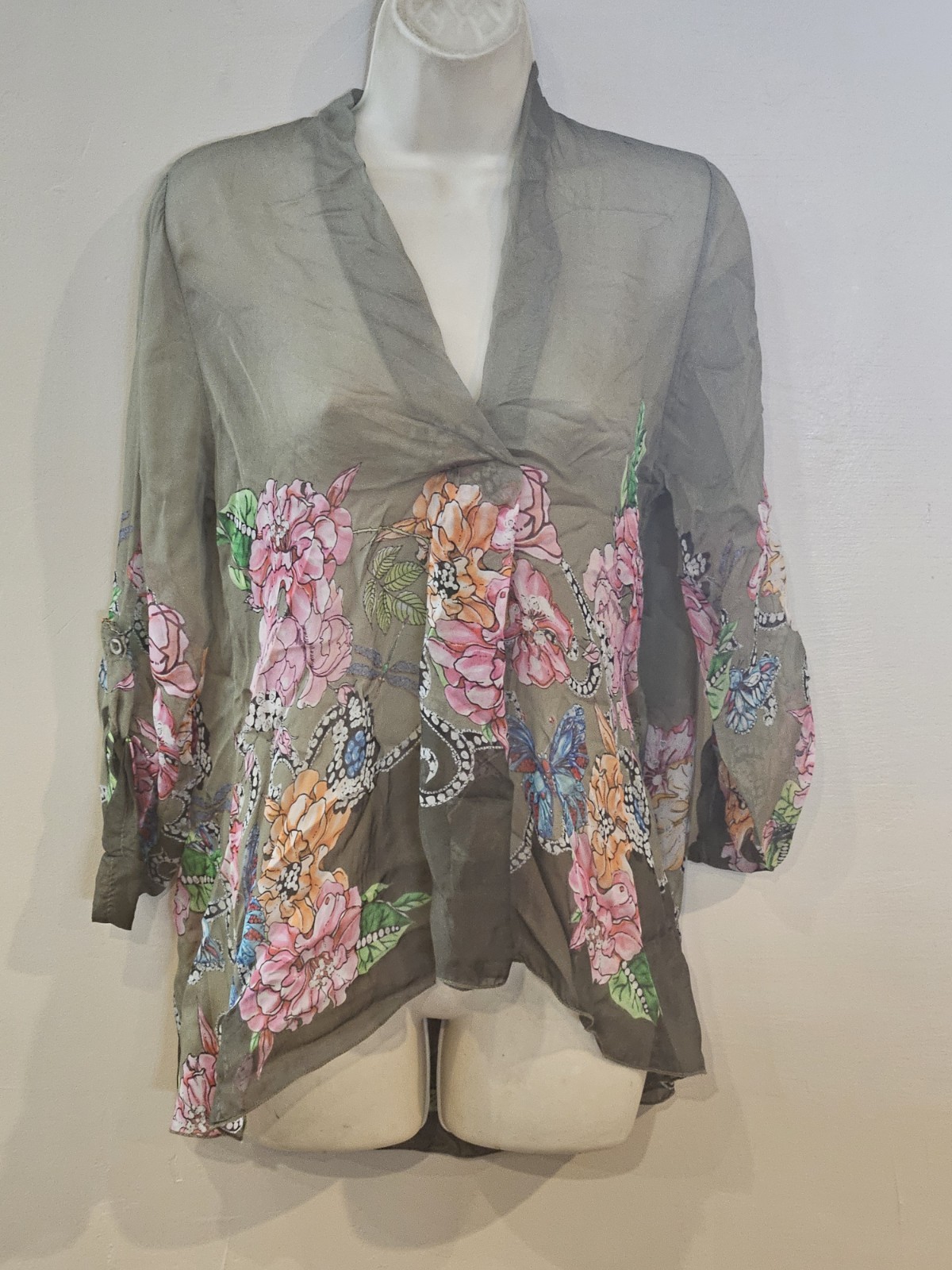Sz L Large Bella Amore Green Floral Top Silk Blend Sheer Blouse New NWT