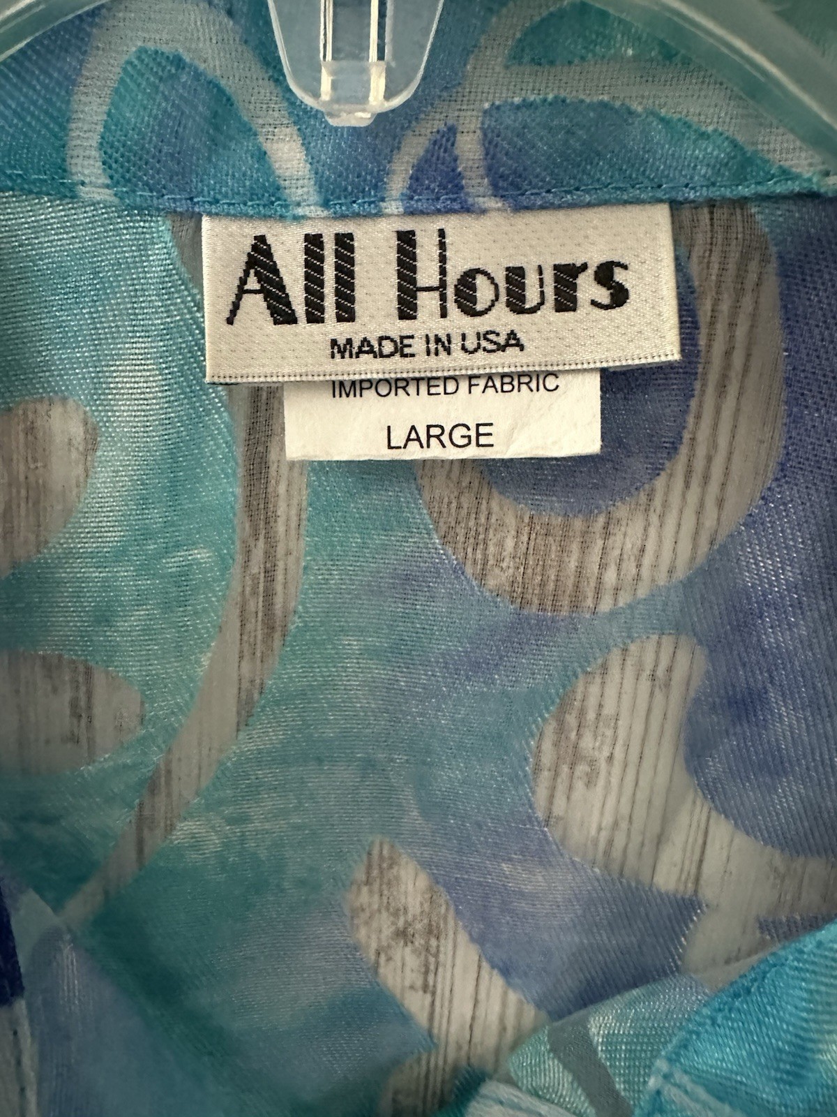ALL HOURS Womens Size L Turquoise/Blue Scroll Semi-Sheer Button Front Blouse USA