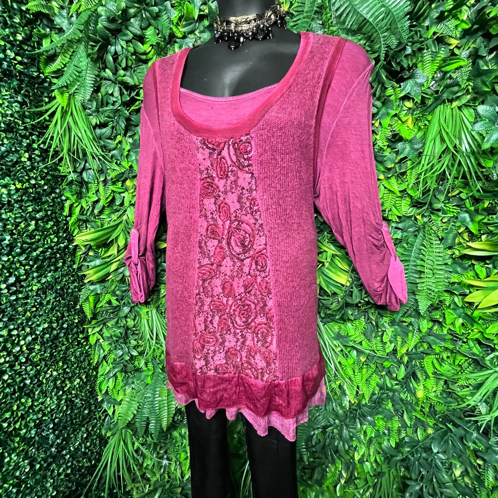 FANTAZIA Tops Women XL Wine Red Embroidered Sequin Lace Knit Blouse Detail 1247