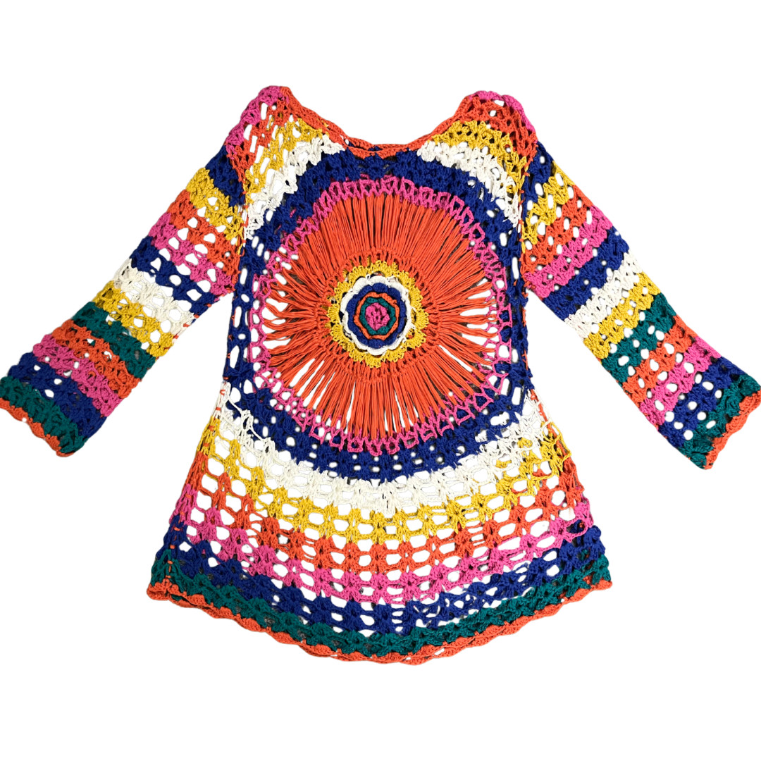 Rainbow Crochet Knit Tunic Cover Up One Size Boho Hippie 70s Festival Unique Y2K