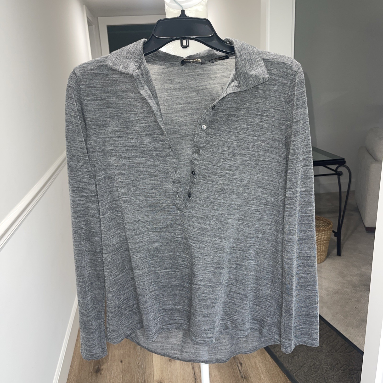 Massimo Dutti Women Wool Blend Long Sleeve Grey Top Button Up Polo Boxy Size M