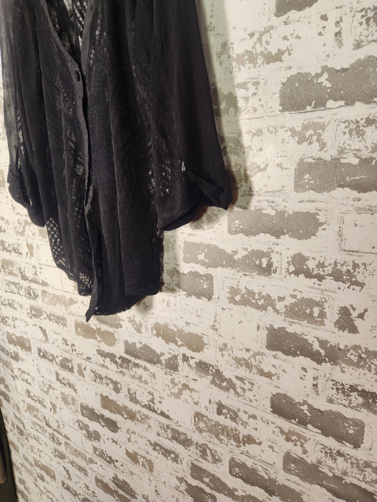 Gothic Witchy Sheer Lace Button Down Shirt Medium Black Edgy Boho Silk Blend