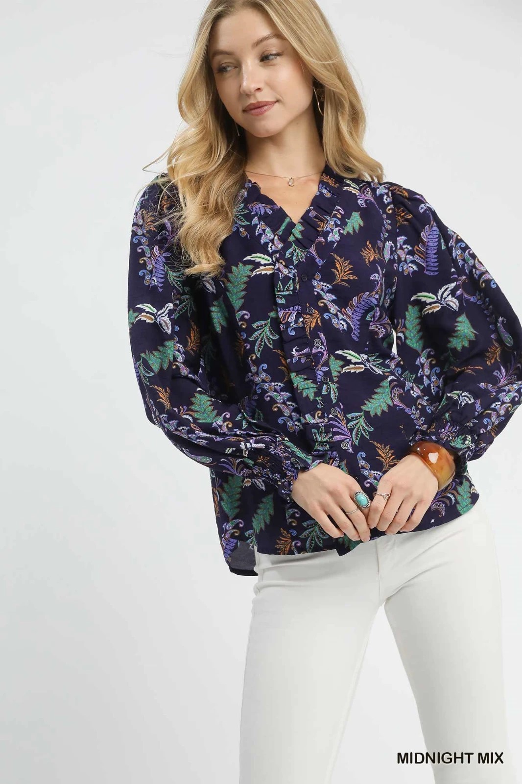 Umgee Midnight Ruffle V Neck Button up Blouse w/ Long Sleeves w/ Smocked Cuffs