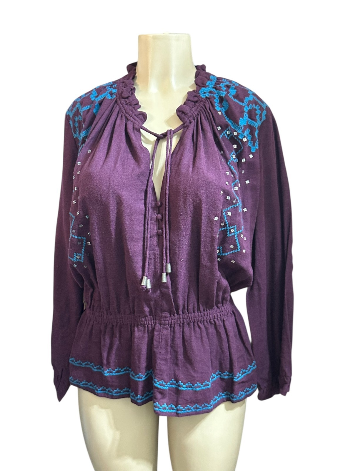 Piper by Townsen Women’s Plum Embroidered Embellished Peasant Top Size L #1147