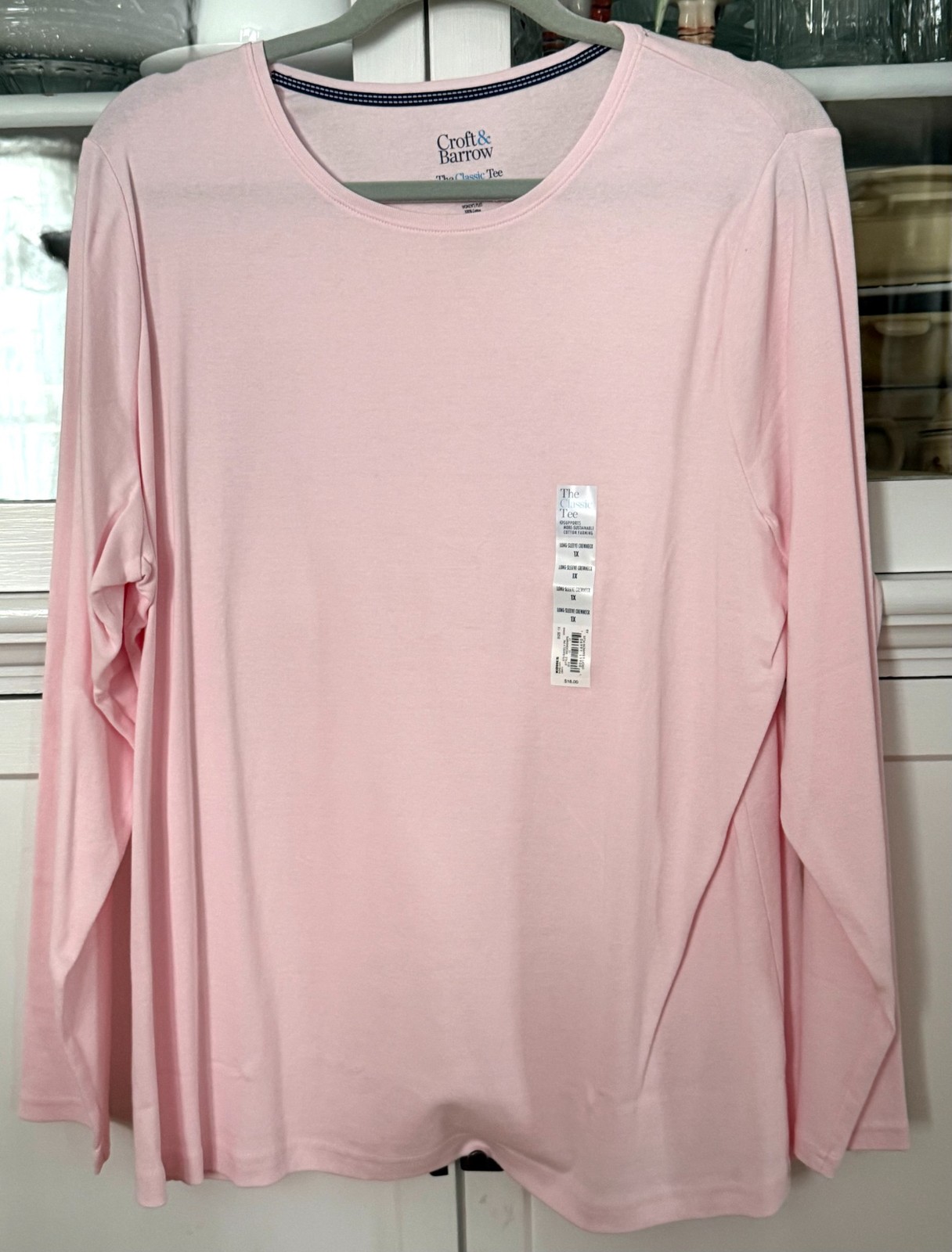 CROFT&BARROW CLASSIC TEE Woman PLUS 1X Cotton Top Shirt Crew Long Sleeve Pink