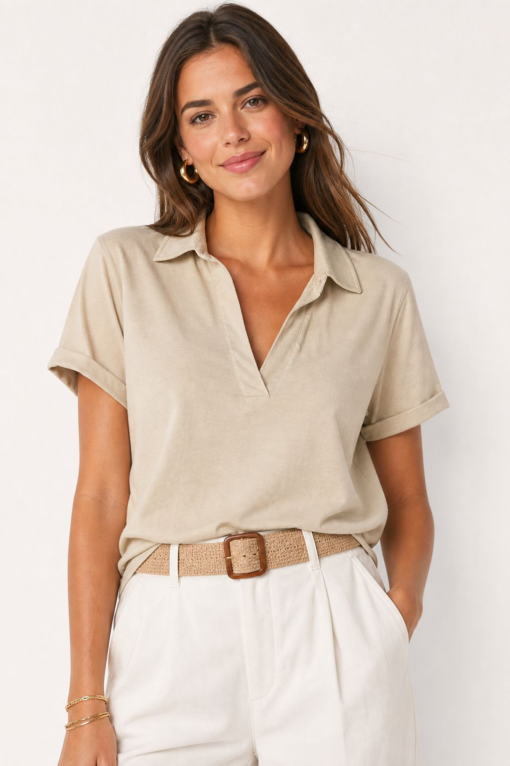 Tuckernuck Isla Tee Womens XL Tan Collared V Neck Cotton Polo Shirt Coastal