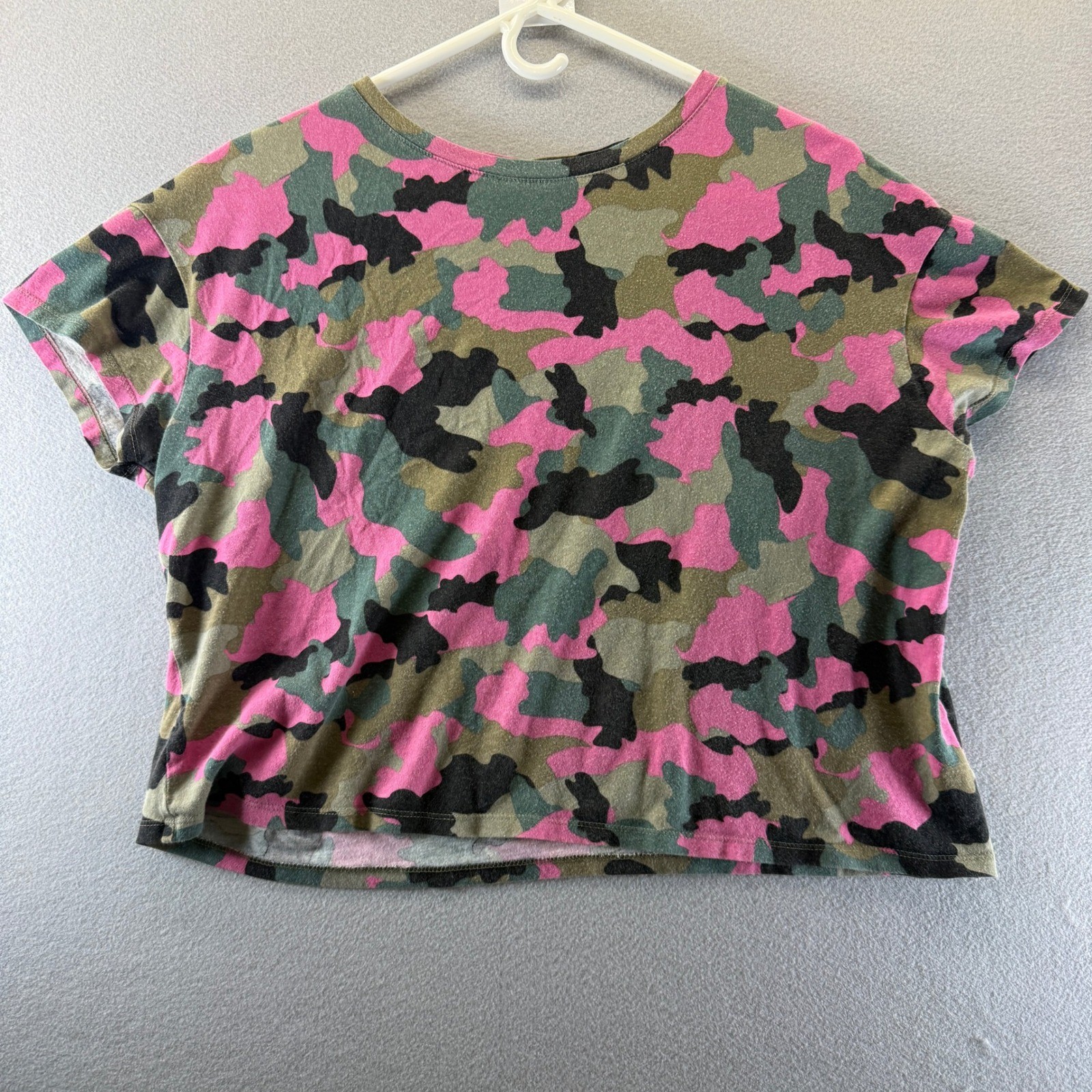 Zara Trafaluc Pink Green Camo Crop Top Short Sleeve Cotton Tee Womens Medium