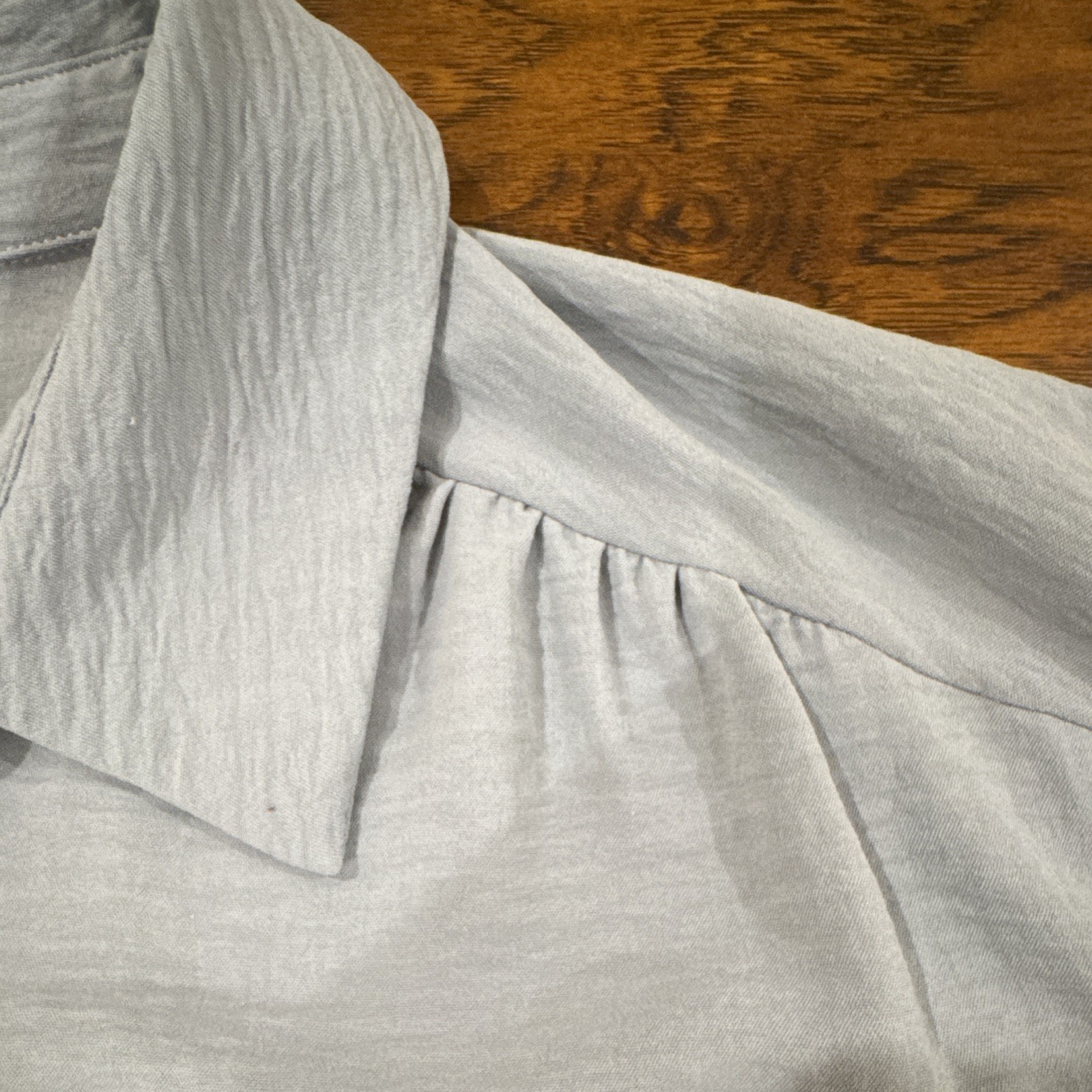 Pleione 1X Plus Gray Collared Button-Front Ruffle Woven Polyester Blouse
