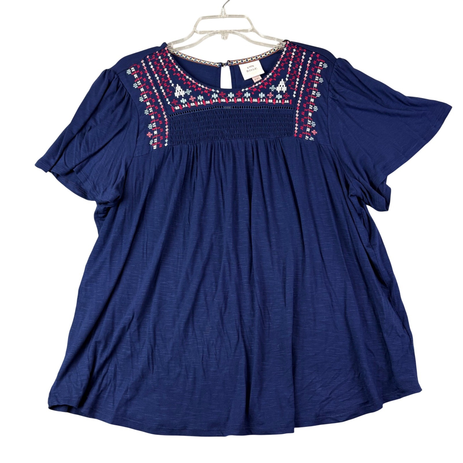 Knox Rose XXL Dark Blue Embroidered Babydoll Top Boho Short Sleeve Slub Cottage