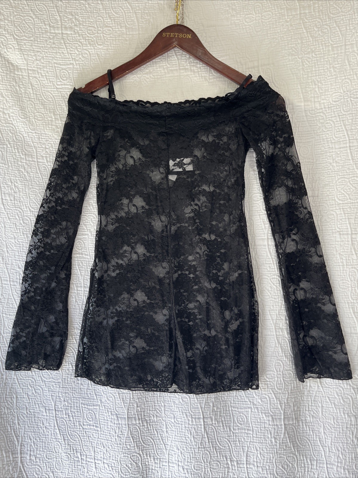 Dreamgirl Black Lace Sheer Shirt Small Off Shoulder Tattoo Top Witchy Whimsigoth