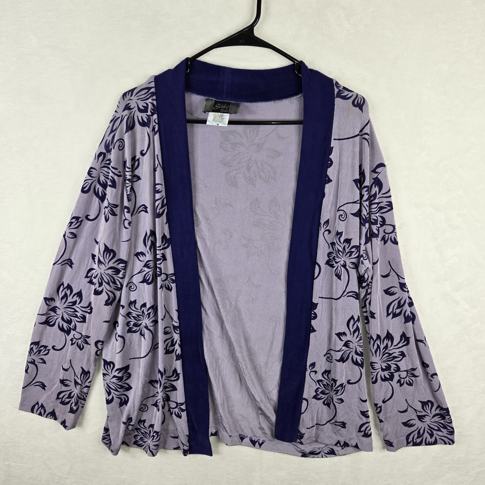 Slinky Brand Womens Purple Floral Open Front Stretch Long Sleeve Top Size Medium