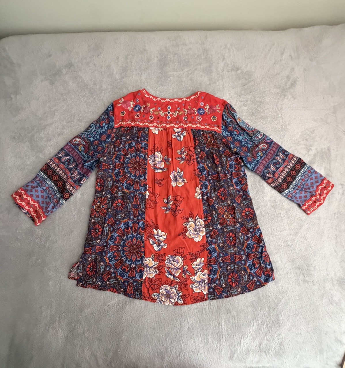 John Mark Embroidered Tie-Front Multi-Print Tunic Spice Red Blue Boho Size Large