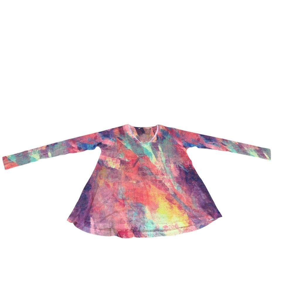 Womens Abstract Multi Color Brushstroke V-Neck Long Sleeve Tunic Top Art to Wear