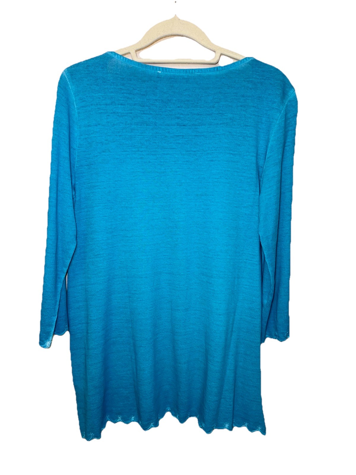 Soft Surroundings SMALL Blouse Robin Egg Blue Floral Embossed Assymetric Hem