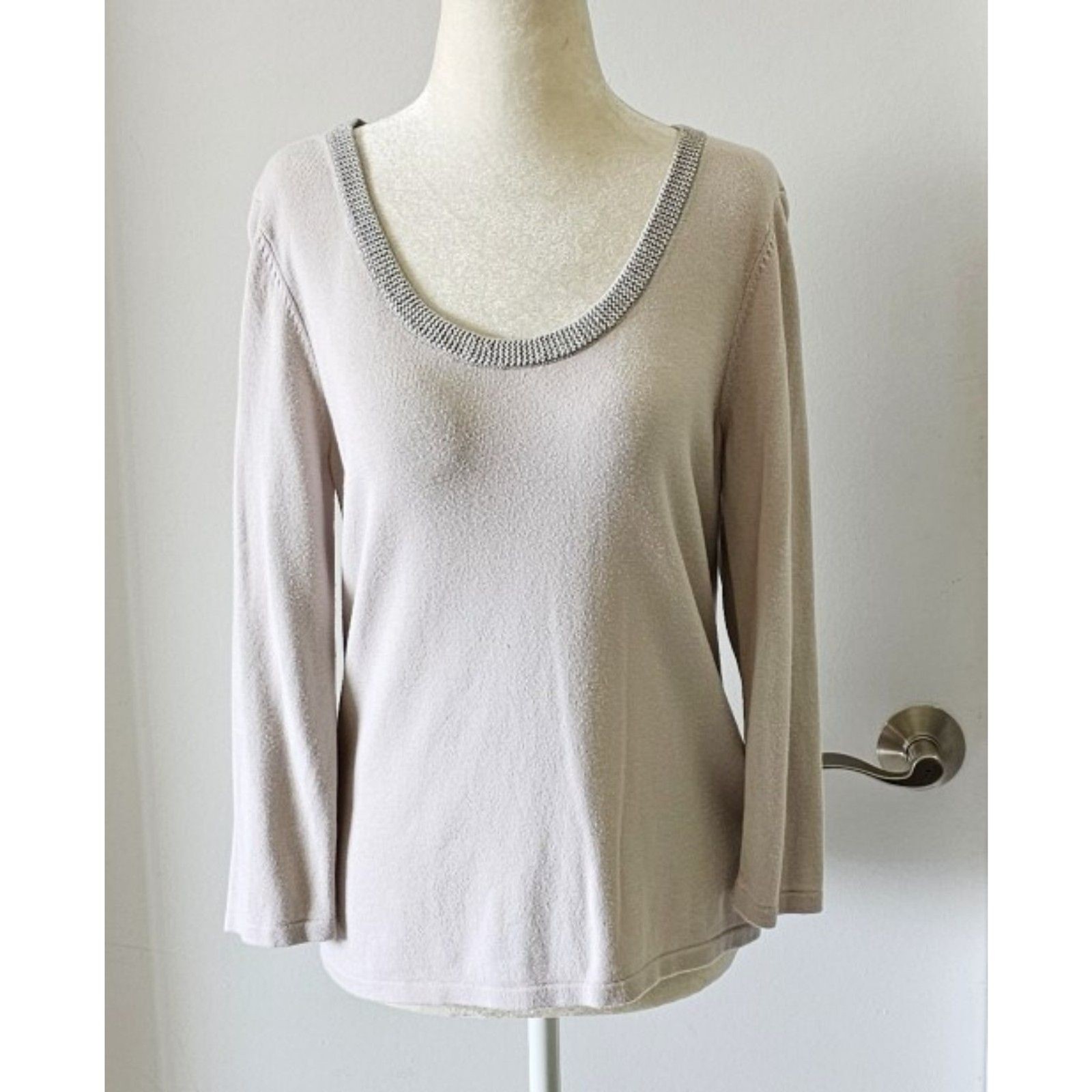 Kasper Gray Top Blouse Size M Long Sleeve Embellished Round Neck