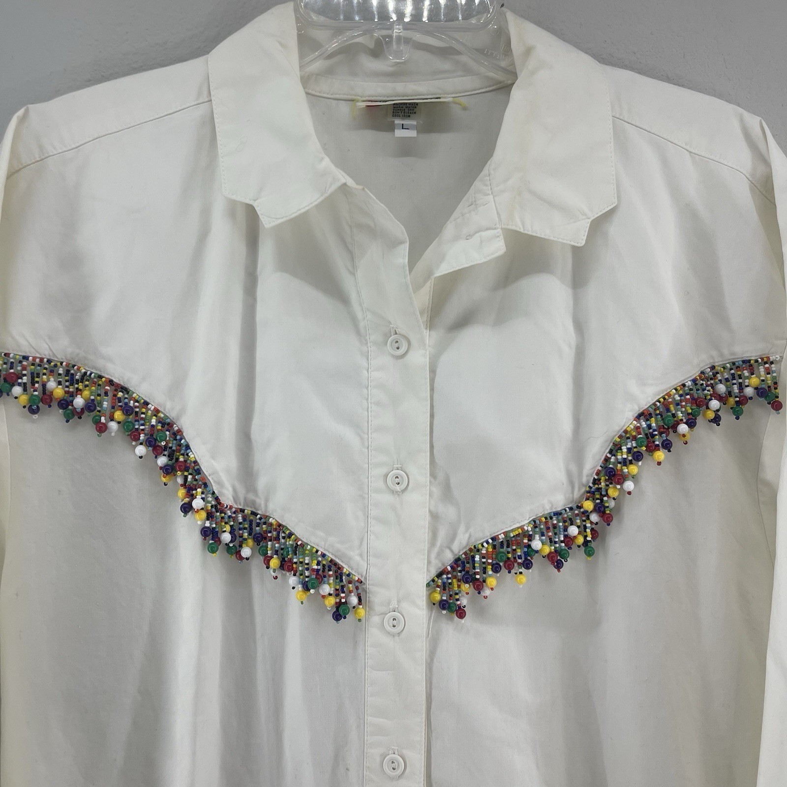 Vintage 90s Beaded Button Up Shirt Women’s L White Fringe Western Funky Boho