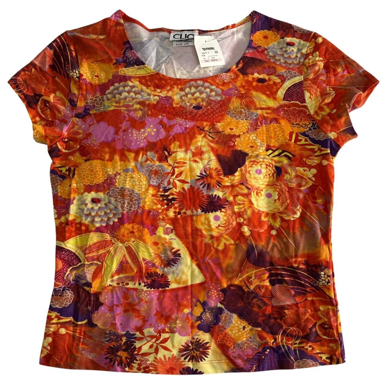 Clio Vtg BNWT 90s Y2K Floral Vibrant Multicolor Short Sleeve Cotton Blend sz L