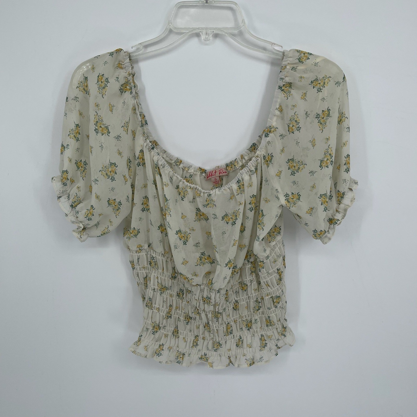 Rabbit Rose Women’s White Floral Smocked Puff Sleeve Blouse Size Small