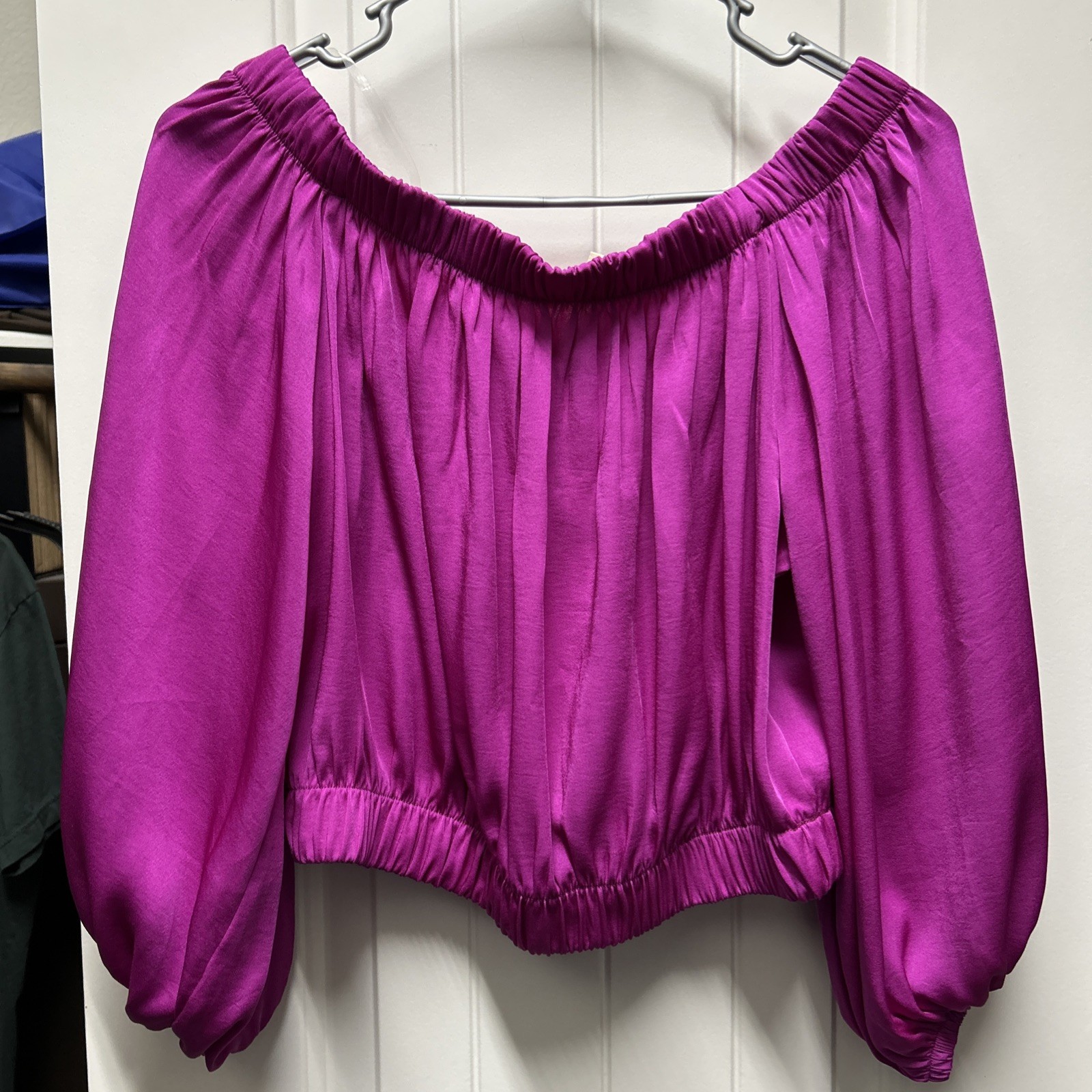 NWT Tyche Off Shoulder Magenta Satin Top L Modern Romantic Statement Blouse