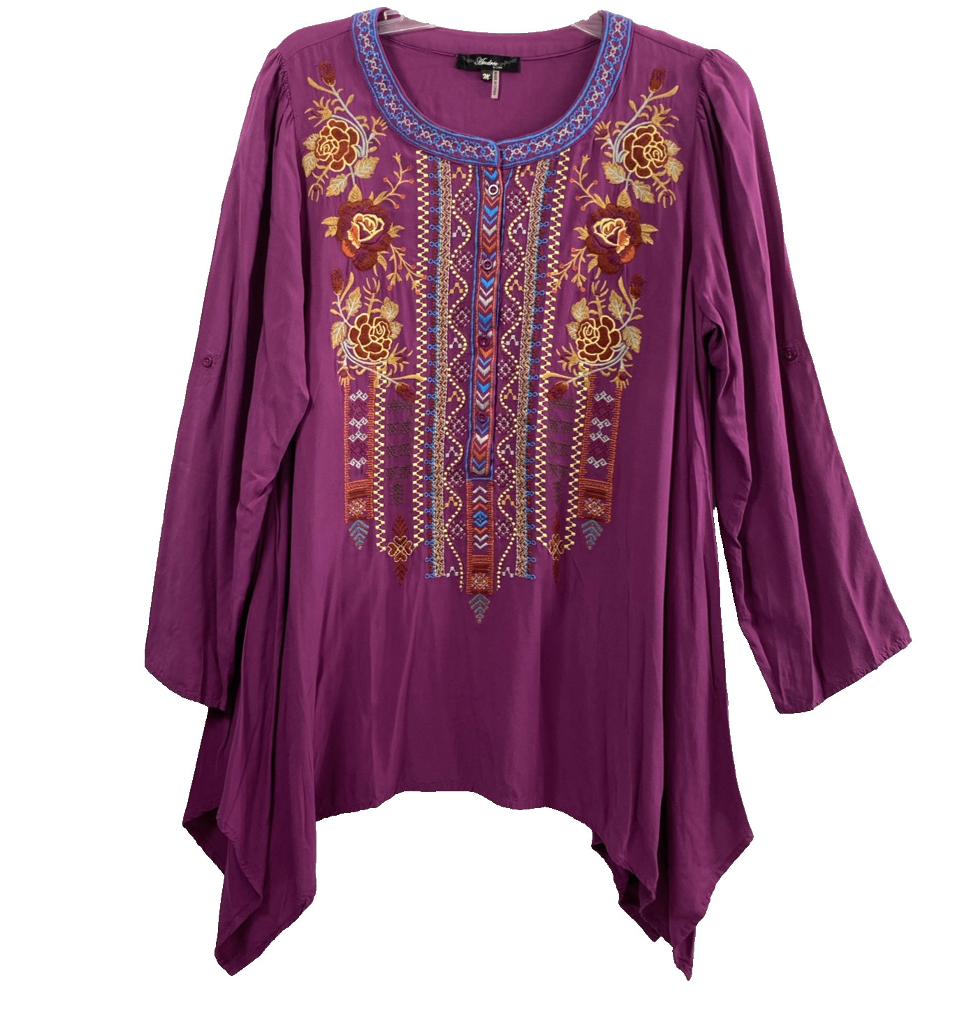 Andree by Unit Top Women Medium Purple Floral Embroidered Asymmetric Boho Blouse