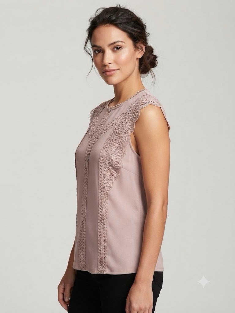 Cable & Gauge Women’s Pink Solid Round Neck Crochet Lace Button Blouse L/G