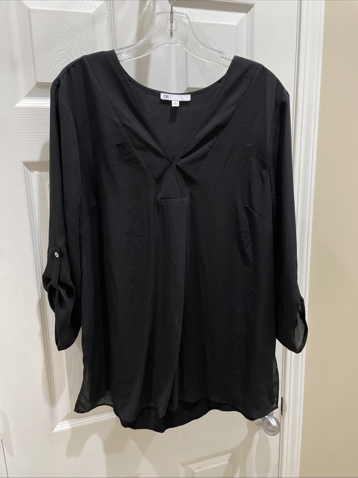 DR2 Womens Top Sz L Gorgeous Black Blouse 3/4 Sleeve Blouse beautiful