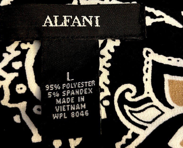 Alfani Top L Black Gold Paisley Stretch Knit Sharkbite Hem Tunic Shirt Blouse
