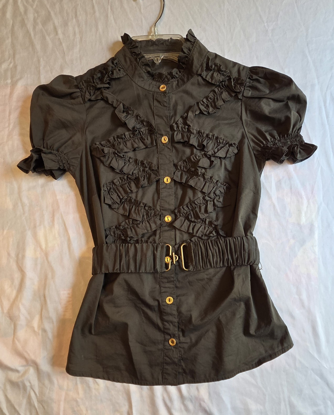 Baby Phat Dark Olive Green Ruffle Puff Sleeve Collared Button Belted Top XS