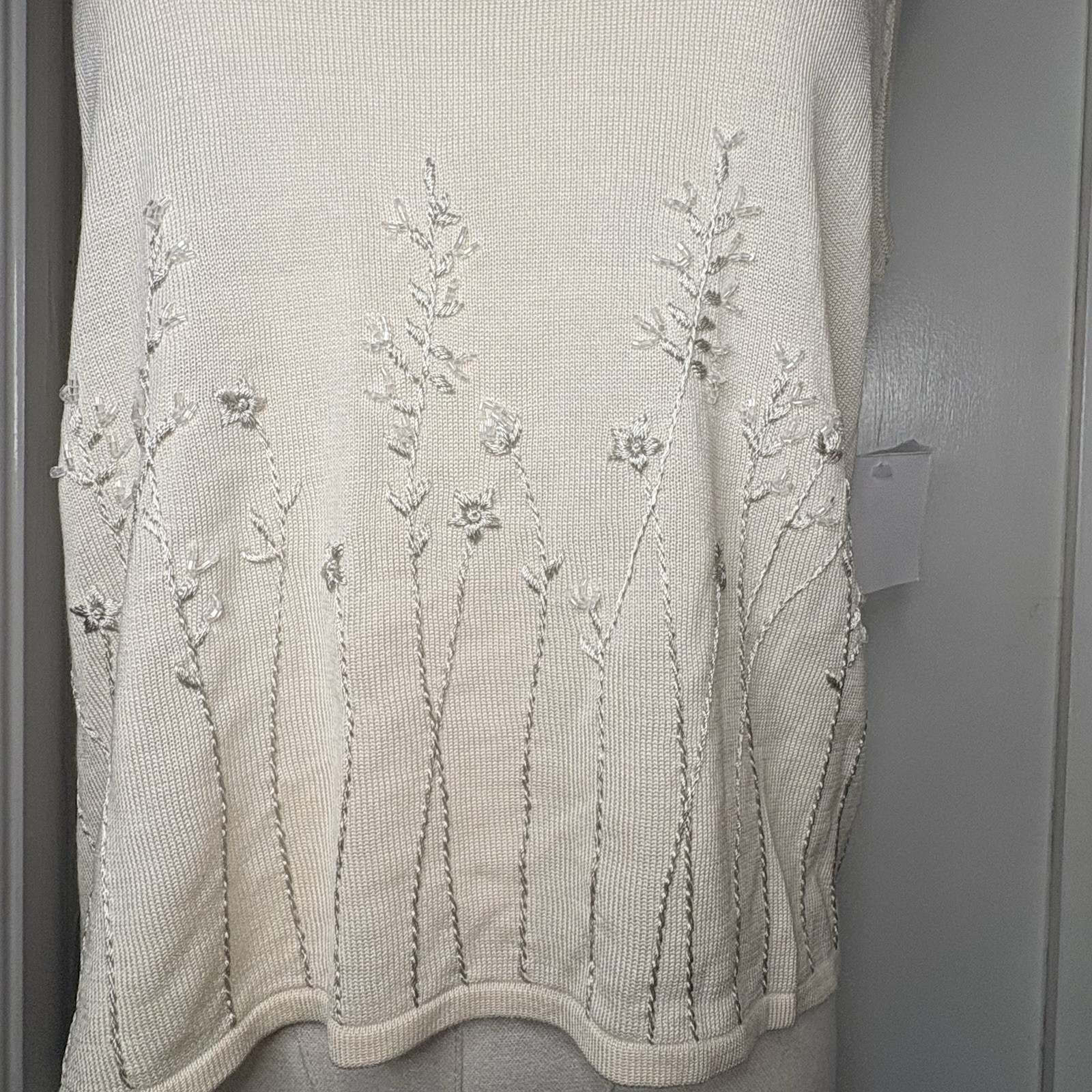 Valerie Stevens Silk Blend Top Women PL Cream Sleeveless Embroidered Beaded NWT