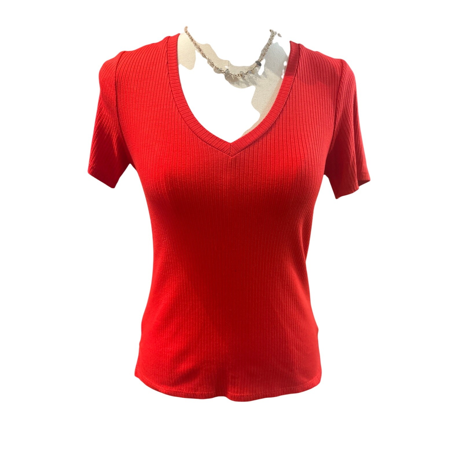 Cyrus Red Ribbed V‑Neck Top | Size Small | Everyday Essential