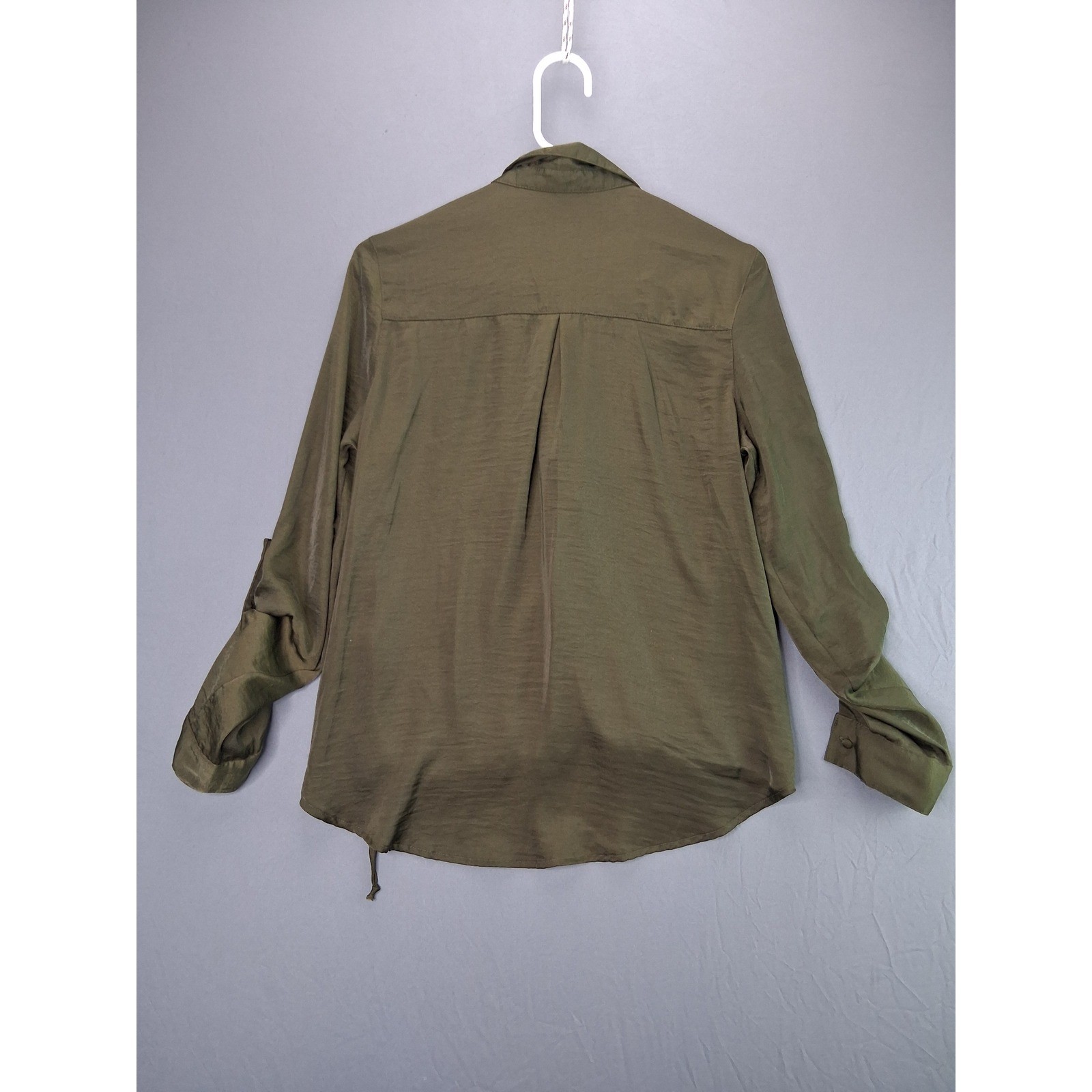 Forever 21 Blouse Lace Up Front Size M Olive Green Roll Tab Sleeve Satin Top