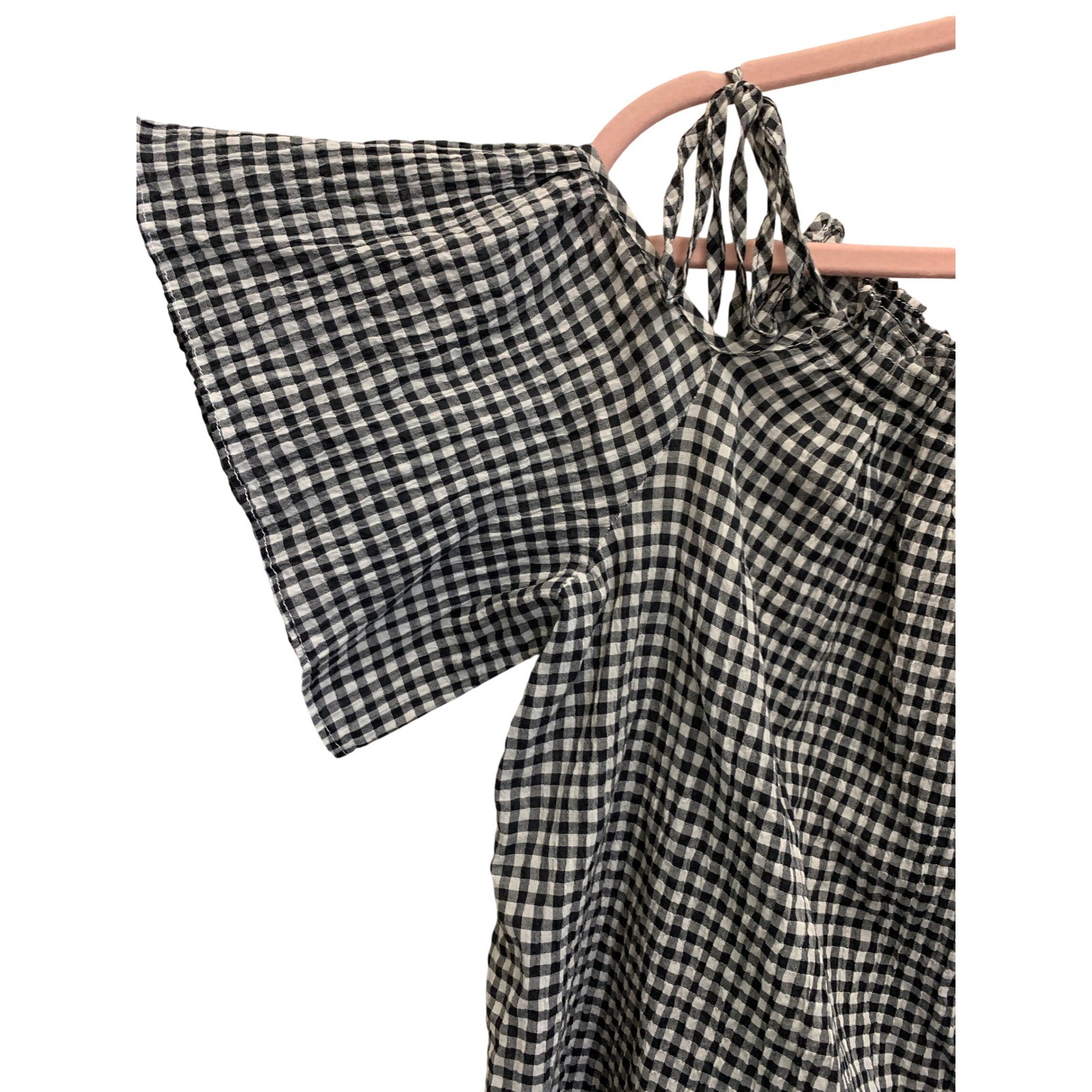 Max Studio Womens Small Black White Gingham Off Shoulder Tie Strap Top Cotton
