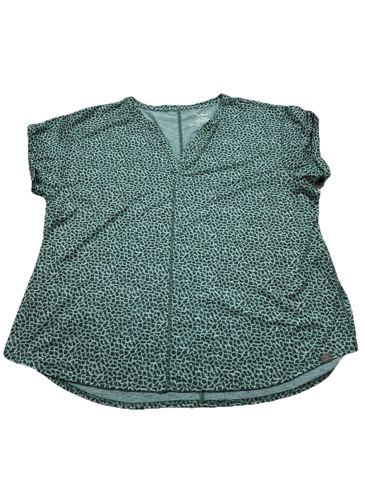 LL Bean Streamside Tee Womens 3X Green Split Neck Geo Print Outdoor Gorpcore
