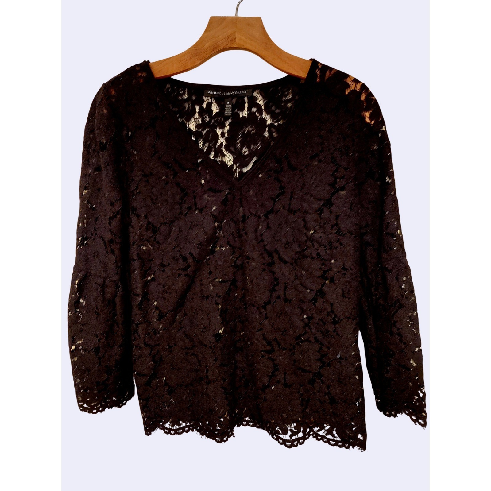 White House Black Market Womens Size Small Black Lace V-Neck Bell Sleeve Top