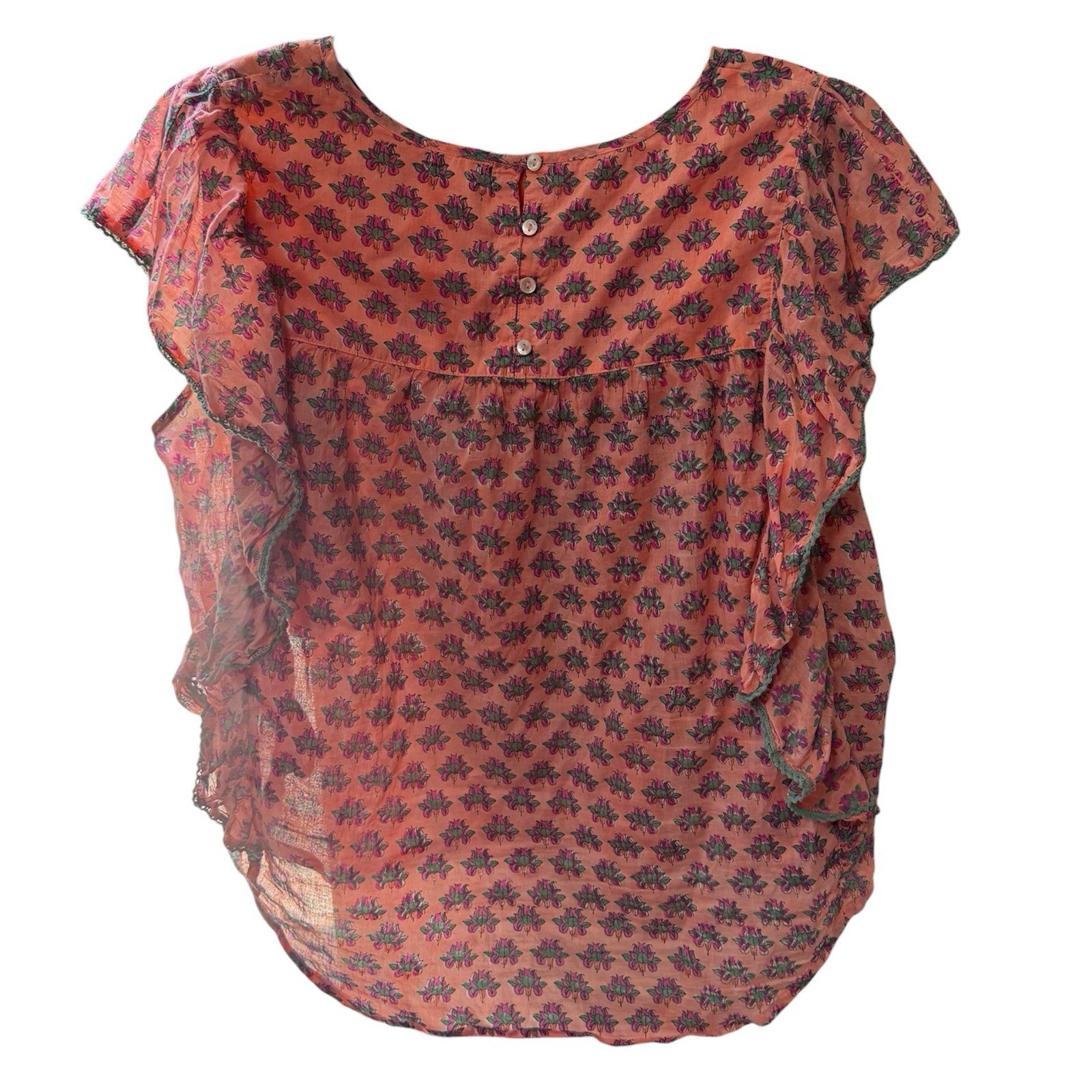 World Market Floral Block Print Blouse Top Coral Pink Boho Flutter L/XL