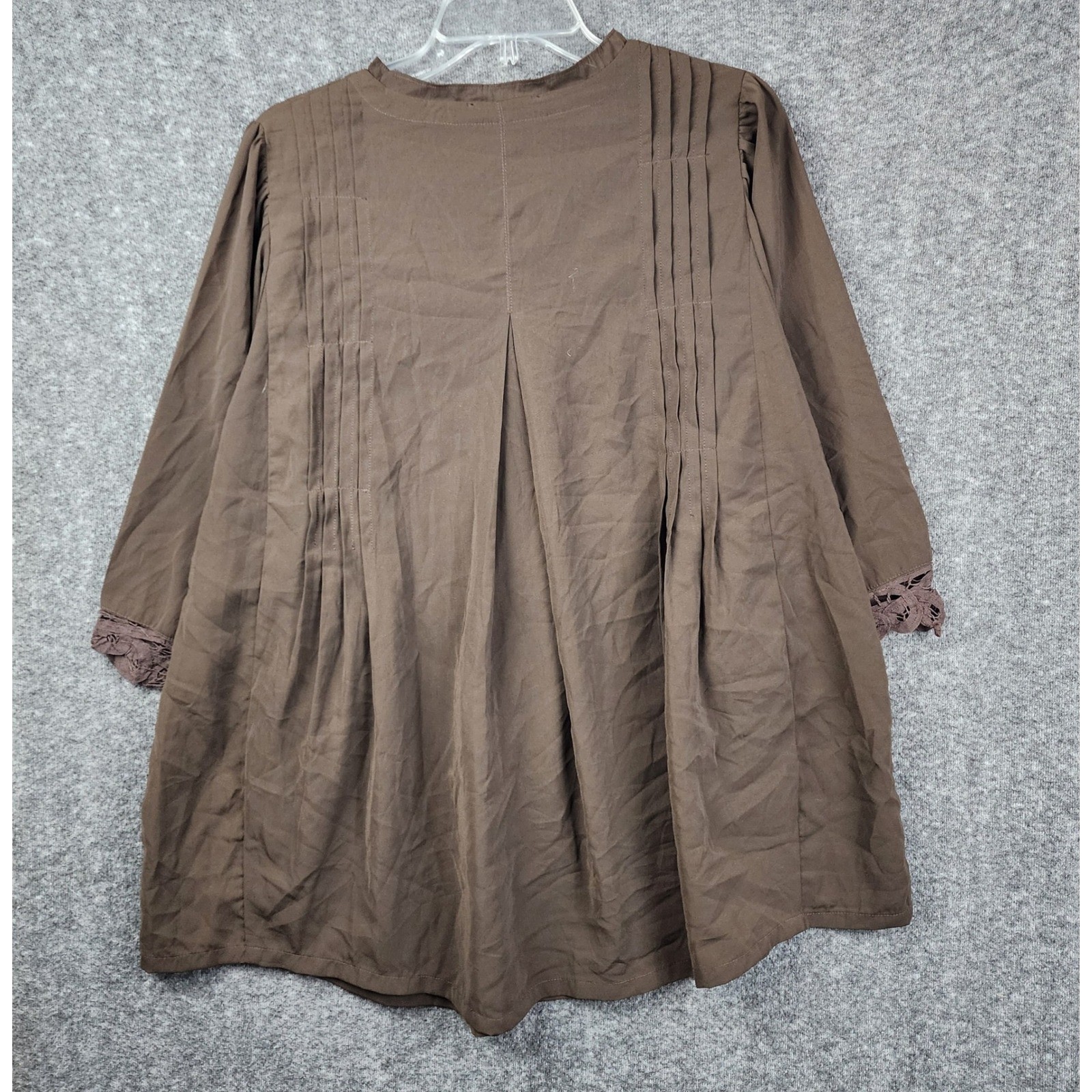 Roaman’s Crochet Lace Tunic Women 16W Brown Pintuck Button Front 3/4 Sleeve