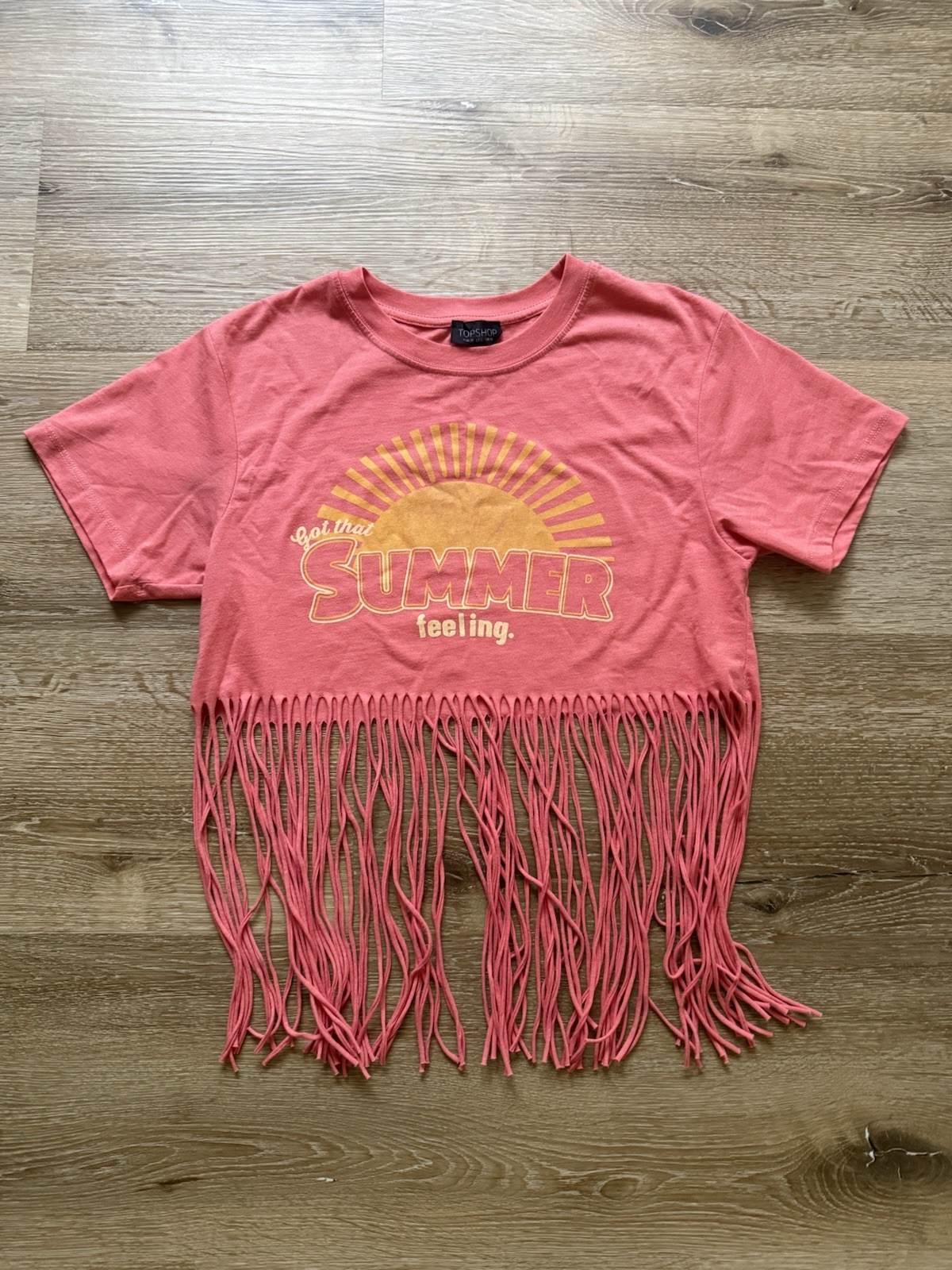 Topshop Coral ‘Summer Feeling’ Fringe Crop Tee NWOT
