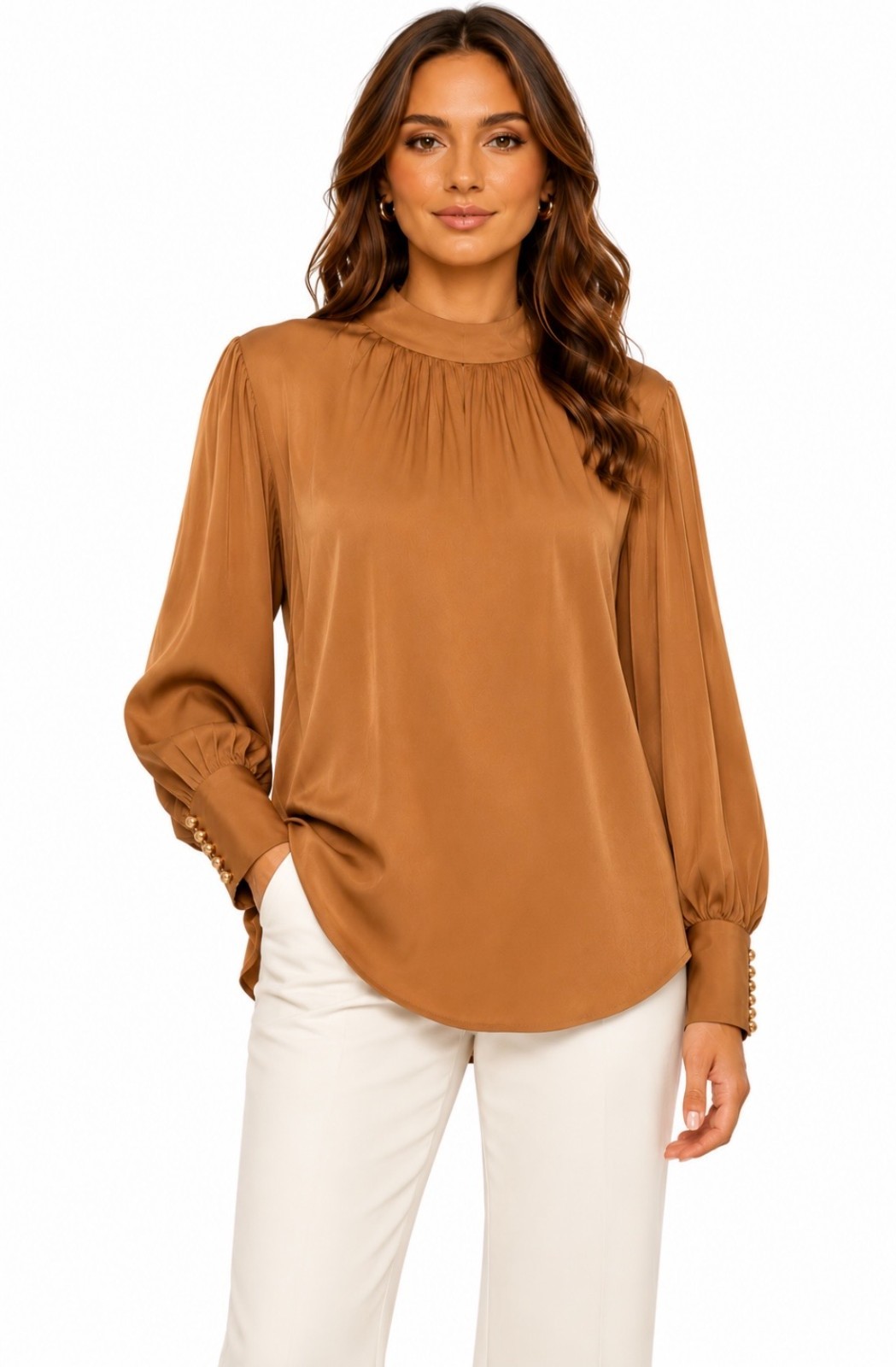 NEW Dream House Women’s Blouse Size 10 Caramel Satin Look Long Sleeve Tie Waist