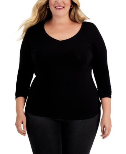 Aveto Plus Size V-Neck Top Women’s 3X Black Beauty Solid Long Sleeve Pullover