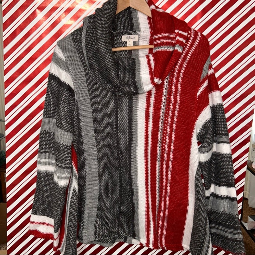 Style & Co. Red, Black, Gray & White Striped Cowl Neck Sweater, Size XL