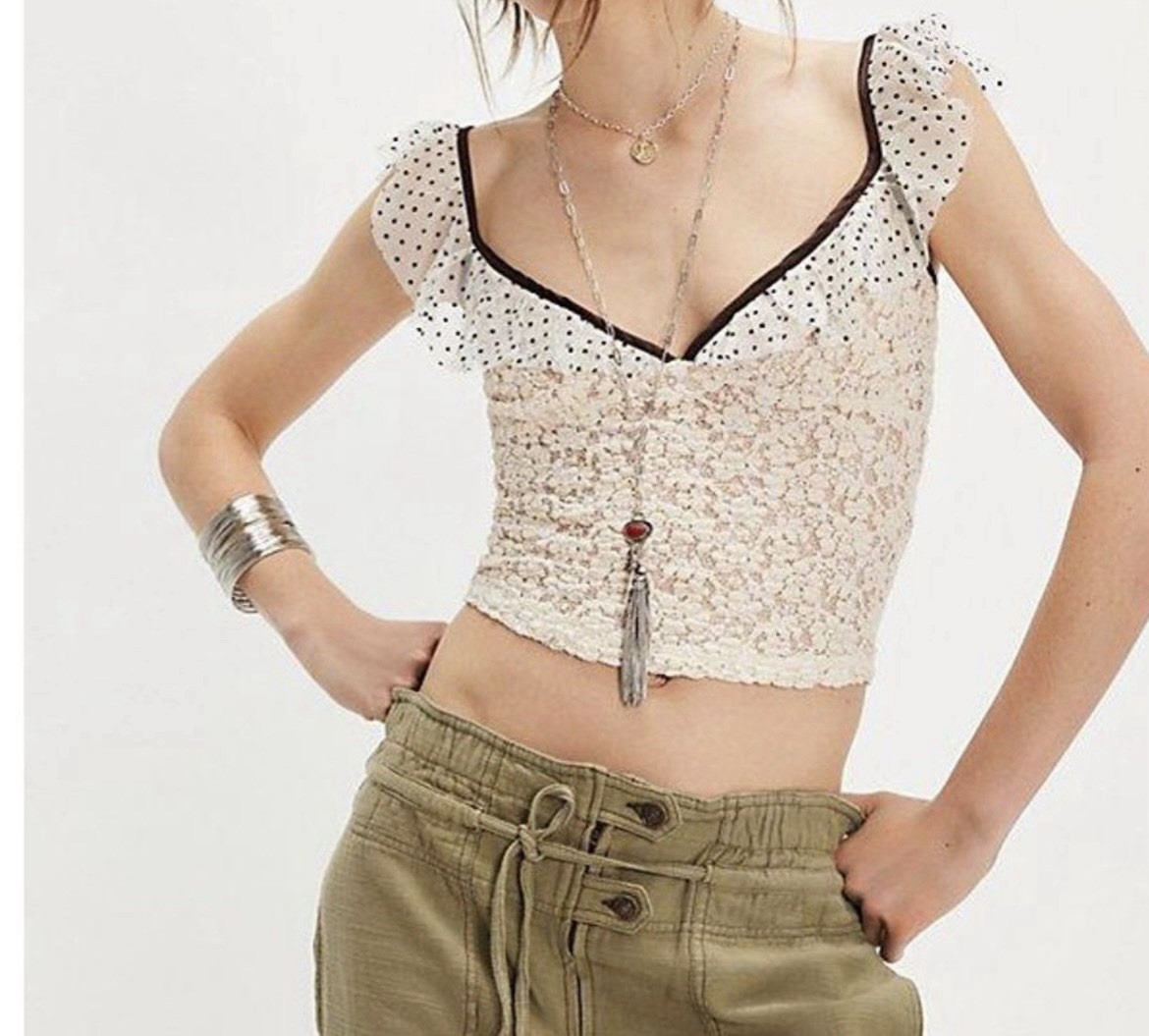 Free People Charlotte Floral Mesh Semi-Sheer Ruffle Polka Dot Crop Top XS NWOT
