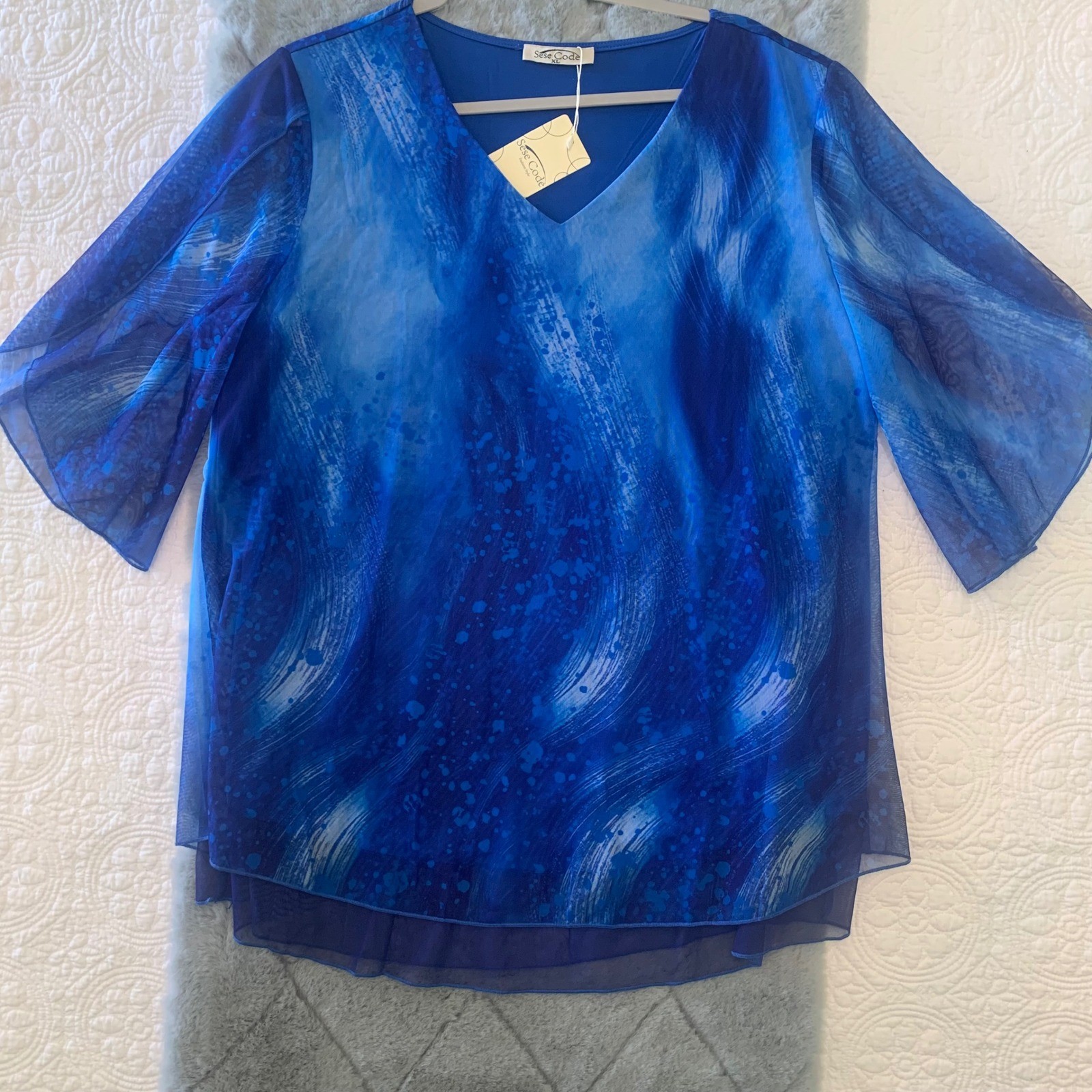 Sese Code W XL Blue Abstract Print Mesh Layered V-Neck Blouse Flutter Sleeve NWT