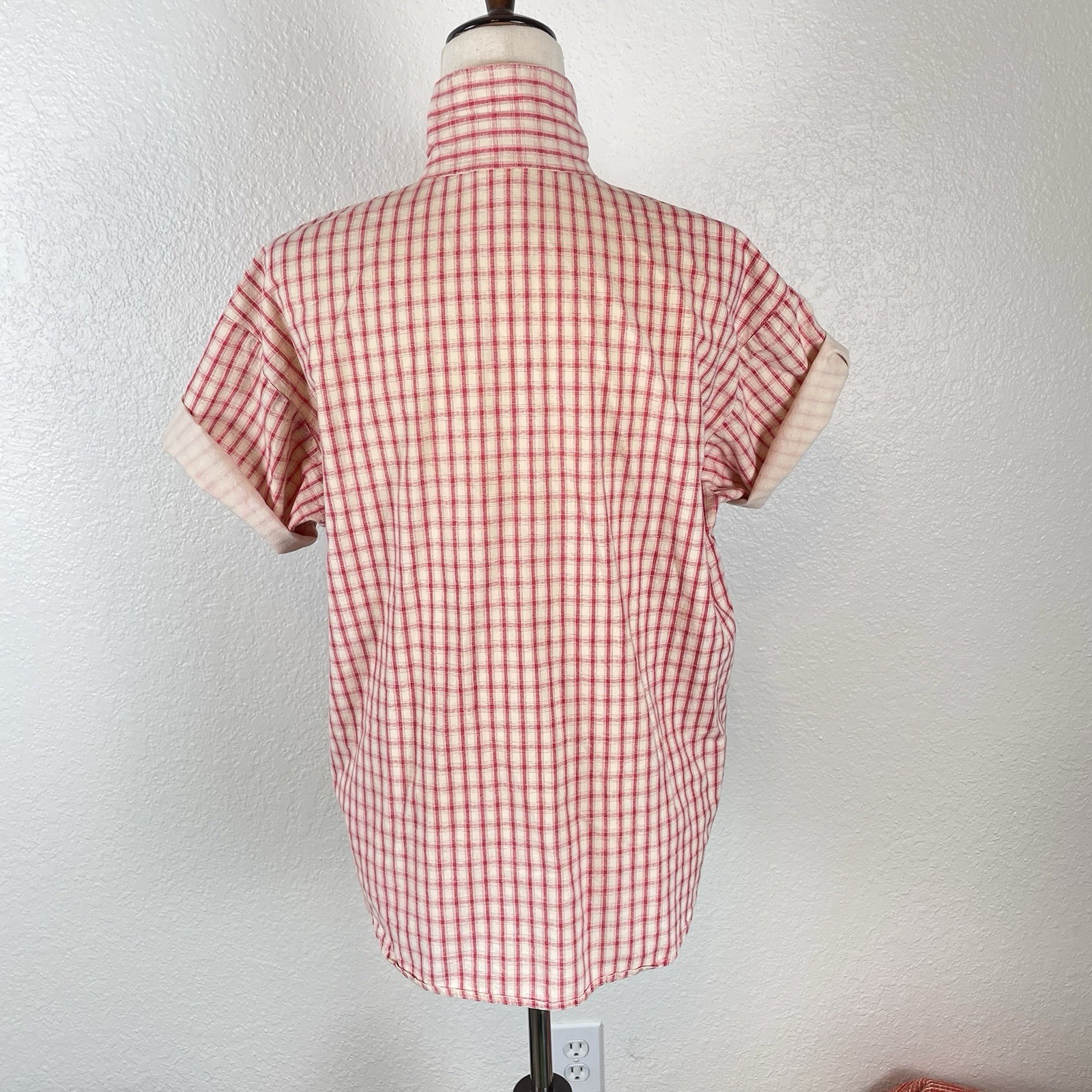 Vintage 90s Plaid Shirt Women’s S High Neck Gingham Pink & Cream Preppy USA